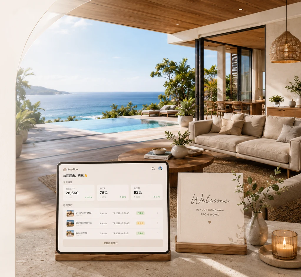 StayFlow 民宿运营方案的海景房产与运营数据视觉